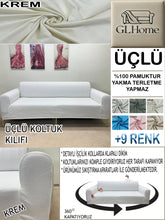 Görseli Galeri görüntüleyiciye yükleyin, %100 Pamuk Petek Kumaş Krem Gri 3"Lü Komple Giydirme Kanepe & Çekyat, Bohem, Porto vb Model Koltuk Kılıfları