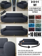 Görseli Galeri görüntüleyiciye yükleyin, %100 Pamuklu Fransız Kumaş Füme 3+3+1+1 Komple Giydirme Kanepe&Çekyat, Bohem, Porto, vn. Model Koltuk Kılıfı