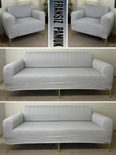 Görseli Galeri görüntüleyiciye yükleyin, %100 Pamuklu Fransız Kumaş Açık Gri 3+3+1+1 Komple Giydirme Kanepe&Çekyat, Bohem, Porto, vn. Model Koltuk Kılıfı
