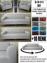 Görseli Galeri görüntüleyiciye yükleyin, %100 Pamuklu Fransız Kumaş Açık Gri 3+3+1+1 Komple Giydirme Kanepe&Çekyat, Bohem, Porto, vn. Model Koltuk Kılıfı