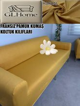 Görseli Galeri görüntüleyiciye yükleyin, %100 Pamuklu Fransız Kumaş Hardal 3Lü Komple Giydirme Kanepe & Çekyat, Bohem, Porto, Vb. Model Koltuk Kilifi