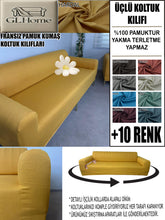 Görseli Galeri görüntüleyiciye yükleyin, %100 Pamuklu Fransız Kumaş Hardal 3Lü Komple Giydirme Kanepe & Çekyat, Bohem, Porto, Vb. Model Koltuk Kilifi