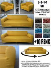 Görseli Galeri görüntüleyiciye yükleyin, %100 Pamuklu Fransız Kumaş Hardal 3+3+1+1 Komple Giydirme Kanepe&Çekyat, Bohem, Porto, vn. Model Koltuk Kılıfı