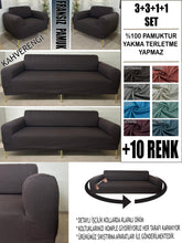 Görseli Galeri görüntüleyiciye yükleyin, %100 Pamuklu Fransız Kumaş Kahverengi 3+3+1+1 Komple Giydirme Kanepe&Çekyat, Bohem, Porto, vn. Model Koltuk Kılıfı