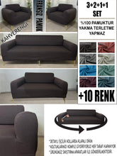 Görseli Galeri görüntüleyiciye yükleyin, %100 Pamuklu Fransız Kumaş Kahverengi 3+2+1+1 Komple Giydirme Kanepe&Çekyat, Bohem, Porto, vn. Model Koltuk Kılıfı