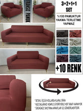 Görseli Galeri görüntüleyiciye yükleyin, %100 Pamuklu Fransız Kumaş Kiremit 3+2+1+1 Komple Giydirme Kanepe&Çekyat, Bohem, Porto, vn. Model Koltuk Kılıfı