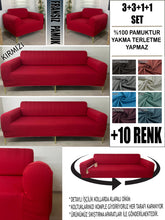 Görseli Galeri görüntüleyiciye yükleyin, %100 Pamuklu Fransız Kumaş Kırmızı 3+3+1+1 Komple Giydirme Kanepe&Çekyat, Bohem, Porto, vn. Model Koltuk Kılıfı