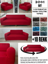 Görseli Galeri görüntüleyiciye yükleyin, %100 Pamuklu Fransız Kumaş Kırmızı 3+2+1+1 Komple Giydirme Kanepe&Çekyat, Bohem, Porto, vn. Model Koltuk Kılıfı