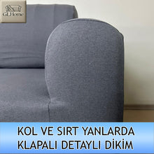 Görseli Galeri görüntüleyiciye yükleyin, %100 Pamuklu Fransız Kumaş Koyu Gri 3+3+1+1 Komple Giydirme Kanepe&Çekyat, Bohem, Porto, vn. Model Koltuk Kılıfı