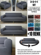 Görseli Galeri görüntüleyiciye yükleyin, %100 Pamuklu Fransız Kumaş Koyu Gri 3+3+1+1 Komple Giydirme Kanepe&Çekyat, Bohem, Porto, vn. Model Koltuk Kılıfı