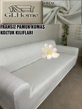 Görseli Galeri görüntüleyiciye yükleyin, %100 Pamuklu Fransız Kumaş Krem 3Lü Komple Giydirme Kanepe & Çekyat, Bohem, Porto, Vb. Model Koltuk Kilifi