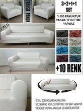 Görseli Galeri görüntüleyiciye yükleyin, %100 Pamuklu Fransız Kumaş Krem 3+2+1+1 Komple Giydirme Kanepe&Çekyat, Bohem, Porto, vn. Model Koltuk Kılıfı