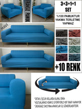 Görseli Galeri görüntüleyiciye yükleyin, %100 Pamuklu Fransız Kumaş Mavi 3+3+1+1 Komple Giydirme Kanepe&Çekyat, Bohem, Porto, vn. Model Koltuk Kılıfı