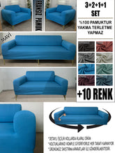 Görseli Galeri görüntüleyiciye yükleyin, %100 Pamuklu Fransız Kumaş Mavi 3+2+1+1 Komple Giydirme Kanepe&Çekyat, Bohem, Porto, vn. Model Koltuk Kılıfı