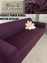 Görseli Galeri görüntüleyiciye yükleyin, %100 Pamuklu Fransız Kumaş Mürdüm 3Lü Komple Giydirme Kanepe & Çekyat, Bohem, Porto, Vb. Model Koltuk Kilifi