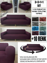 Görseli Galeri görüntüleyiciye yükleyin, %100 Pamuklu Fransız Kumaş Mürdüm 3+3+1+1 Komple Giydirme Kanepe&Çekyat, Bohem, Porto, vn. Model Koltuk Kılıfı