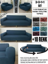 Görseli Galeri görüntüleyiciye yükleyin, %100 Pamuklu Fransız Kumaş Petrol 3+3+1+1 Komple Giydirme Kanepe&Çekyat, Bohem, Porto, vn. Model Koltuk Kılıfı