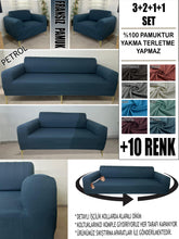 Görseli Galeri görüntüleyiciye yükleyin, %100 Pamuklu Fransız Kumaş Petrol 3+2+1+1 Komple Giydirme Kanepe&Çekyat, Bohem, Porto, vn. Model Koltuk Kılıfı