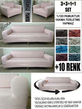 Görseli Galeri görüntüleyiciye yükleyin, %100 Pamuklu Fransız Kumaş Pudra 3+3+1+1 Komple Giydirme Kanepe&Çekyat, Bohem, Porto, vn. Model Koltuk Kılıfı