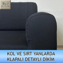 Görseli Galeri görüntüleyiciye yükleyin, %100 Pamuklu Fransız Kumaş Siyah 3+3+1+1 Komple Giydirme Kanepe&Çekyat, Bohem, Porto, vn. Model Koltuk Kılıfı