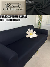 Görseli Galeri görüntüleyiciye yükleyin, %100 Pamuklu Fransız Kumaş Siyah 3Lü Komple Giydirme Kanepe & Çekyat, Bohem, Porto, Vb. Model Koltuk Kilifi