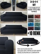 Görseli Galeri görüntüleyiciye yükleyin, %100 Pamuklu Fransız Kumaş Siyah 3+3+1+1 Komple Giydirme Kanepe&Çekyat, Bohem, Porto, vn. Model Koltuk Kılıfı