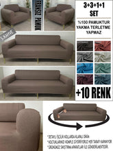 Görseli Galeri görüntüleyiciye yükleyin, %100 Pamuklu Fransız Kumaş Sütlü Kahve 3+3+1+1 Komple Giydirme Kanepe&Çekyat, Bohem, Porto, vn. Model Koltuk Kılıfı