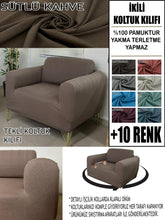 Görseli Galeri görüntüleyiciye yükleyin, %100 Pamuklu Fransız Kumaş Sütlü Kahve Tekli&Berjer Komple Giydirme, Bohem, Porto Model Koltuk Kılıfı