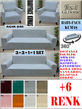 Görseli Galeri görüntüleyiciye yükleyin, Baby Face Kumaş Açık Gri 3+3+1+1 Set Komple Giydirme Kanepe & Çekyat, Bohem, vb Model Koltuk Kılıfları
