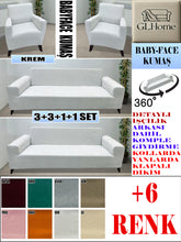 Görseli Galeri görüntüleyiciye yükleyin, Baby Face Kumaş Krem 3+3+1+1 Set Komple Giydirme Kanepe & Çekyat, Bohem, vb Model Koltuk Kılıfları