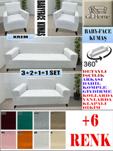 Görseli Galeri görüntüleyiciye yükleyin, Baby Face Kumaş Krem 3+2+1+1 Set Komple Giydirme Kanepe & Çekyat, Bohem, vb Model Koltuk Kılıfları