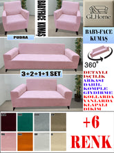 Görseli Galeri görüntüleyiciye yükleyin, Baby Face Kumaş Pudra 3+2+1+1 Set Komple Giydirme Kanepe & Çekyat, Bohem, vb Model Koltuk Kılıfları