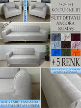 Görseli Galeri görüntüleyiciye yükleyin, Süet Kumaş Açık Gri 3+2+1+1 Komple Giydirme Kanepe-Çekyat, Bohem, vb. Model Koltuk Kılıfı