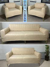 Görseli Galeri görüntüleyiciye yükleyin, Süet Kumaş Bej 3+2+1+1 Komple Giydirme Kanepe-Çekyat, Bohem, vb. Model Koltuk Kılıfı