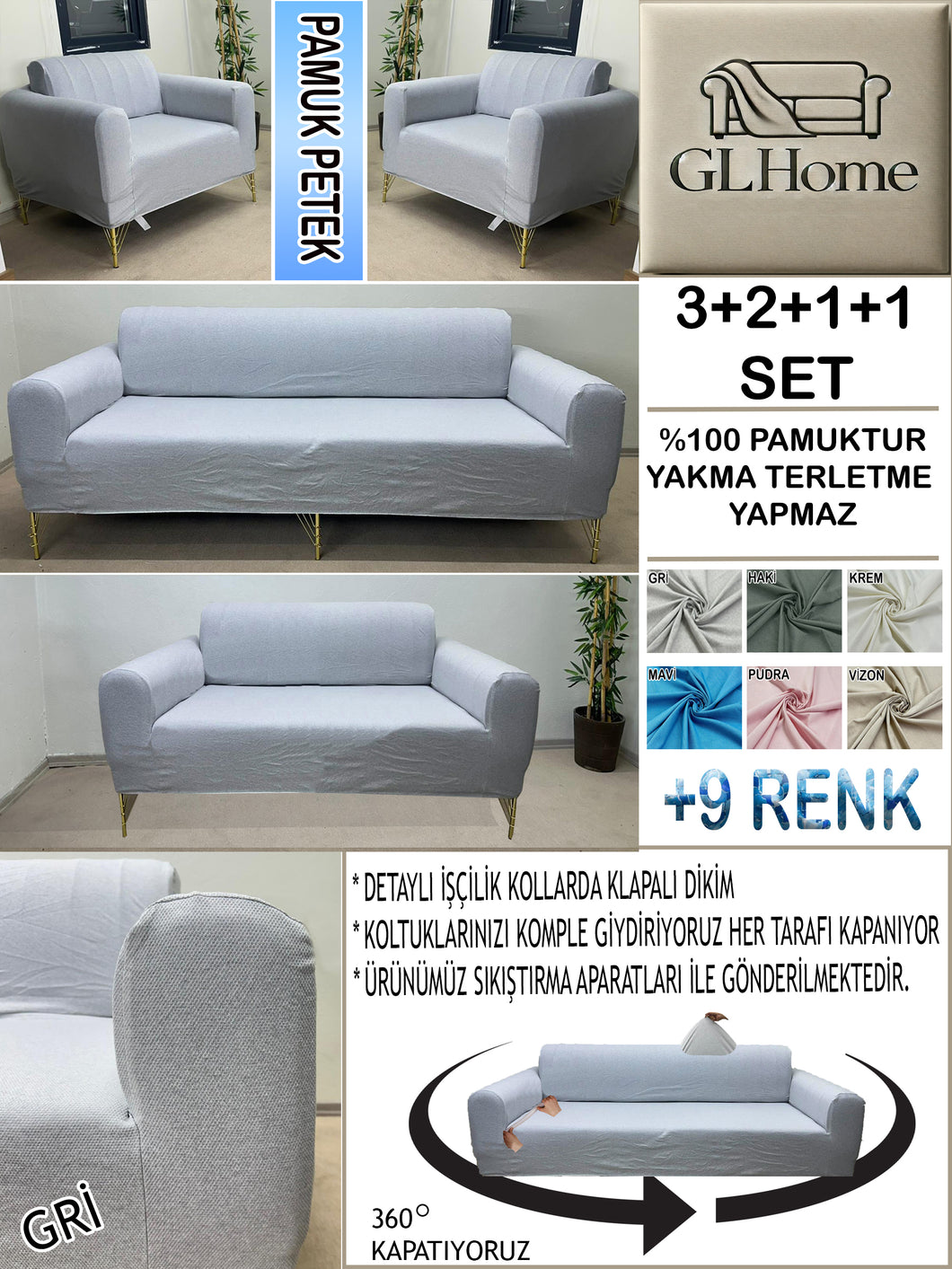 %100 Pamuk Petek Kumaş Gri 3+2+1+1 Set Komple Giydirme Kanepe&Çekyat, Bohem, vb Model Koltuk Kılıfları