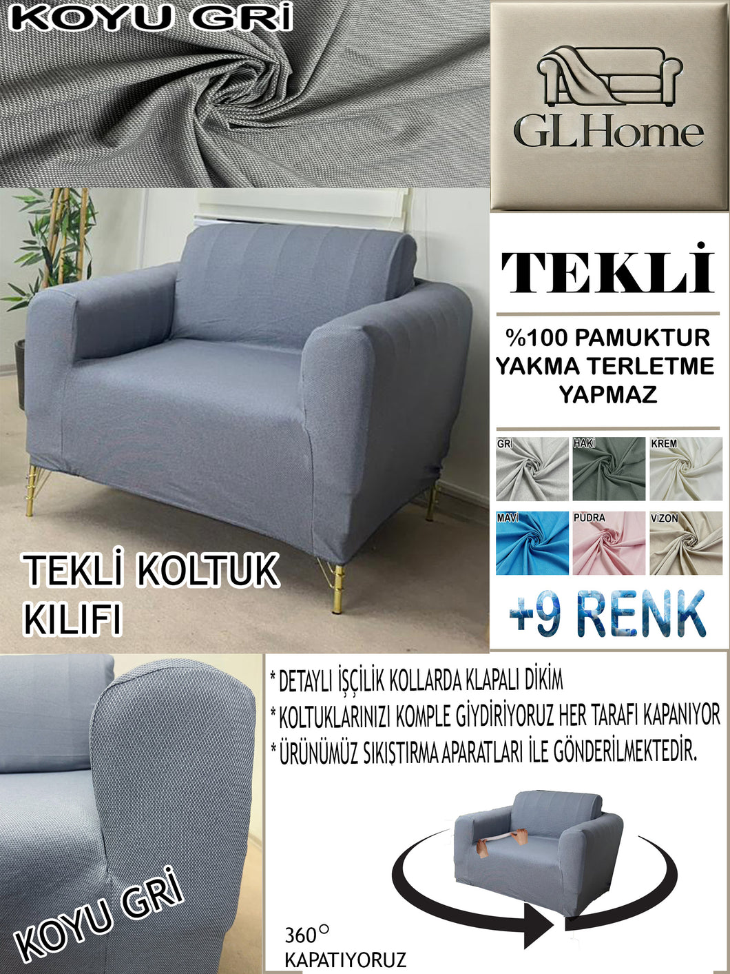 %100 Pamuk Petek Kumaş Koyu Gri Tekli  Komple Giydirme Tekli & Berjer, Bohem, Porto vb Model Koltuk Kılıfları