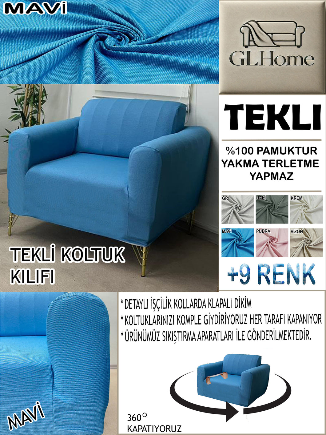 %100 Pamuk Petek Kumaş Mavi Tekli  Komple Giydirme Tekli & Berjer, Bohem, Porto vb Model Koltuk Kılıfları