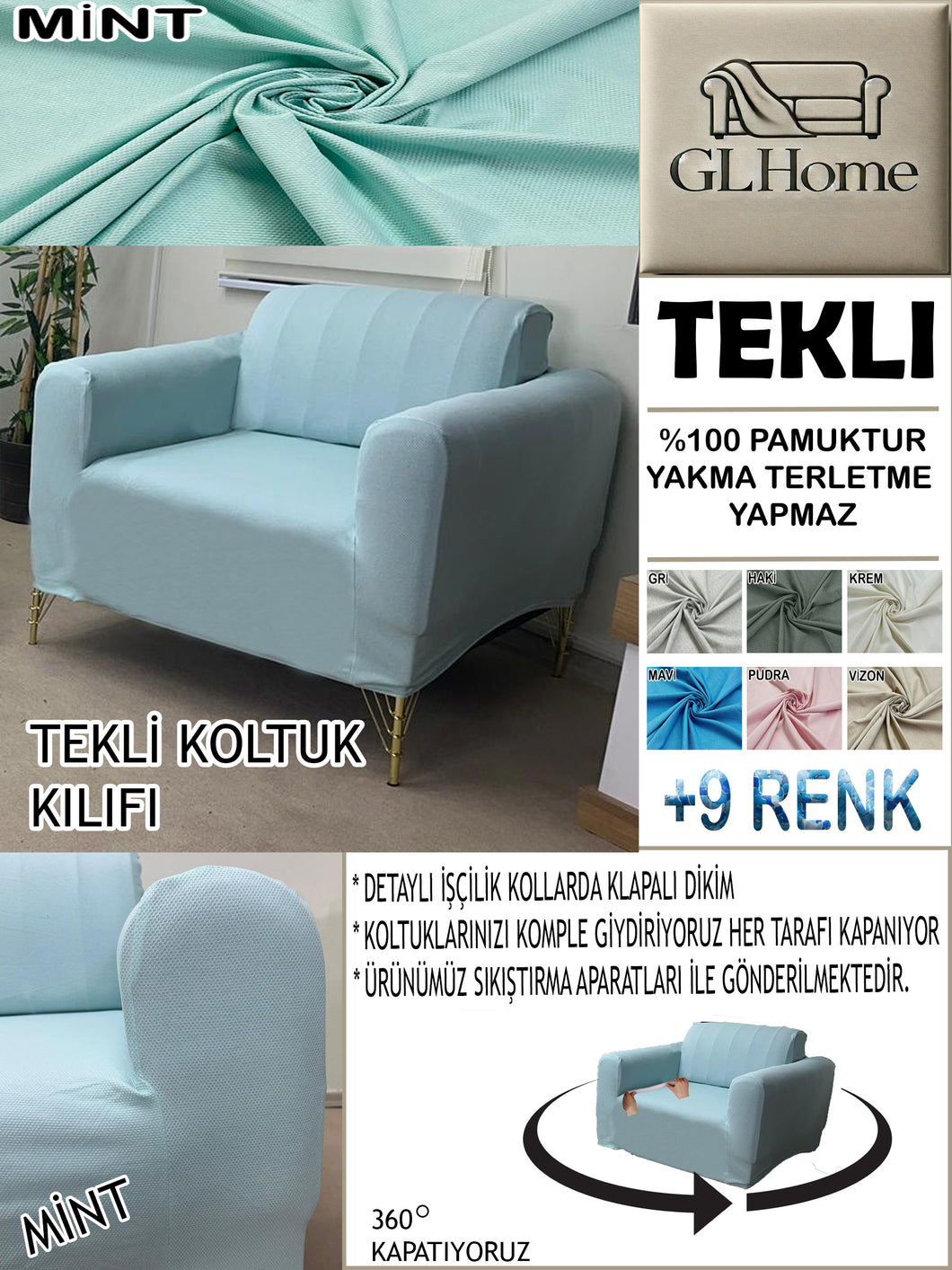 %100 Pamuk Petek Kumaş Mint Tekli  Komple Giydirme Tekli & Berjer, Bohem, Porto vb Model Koltuk Kılıfları