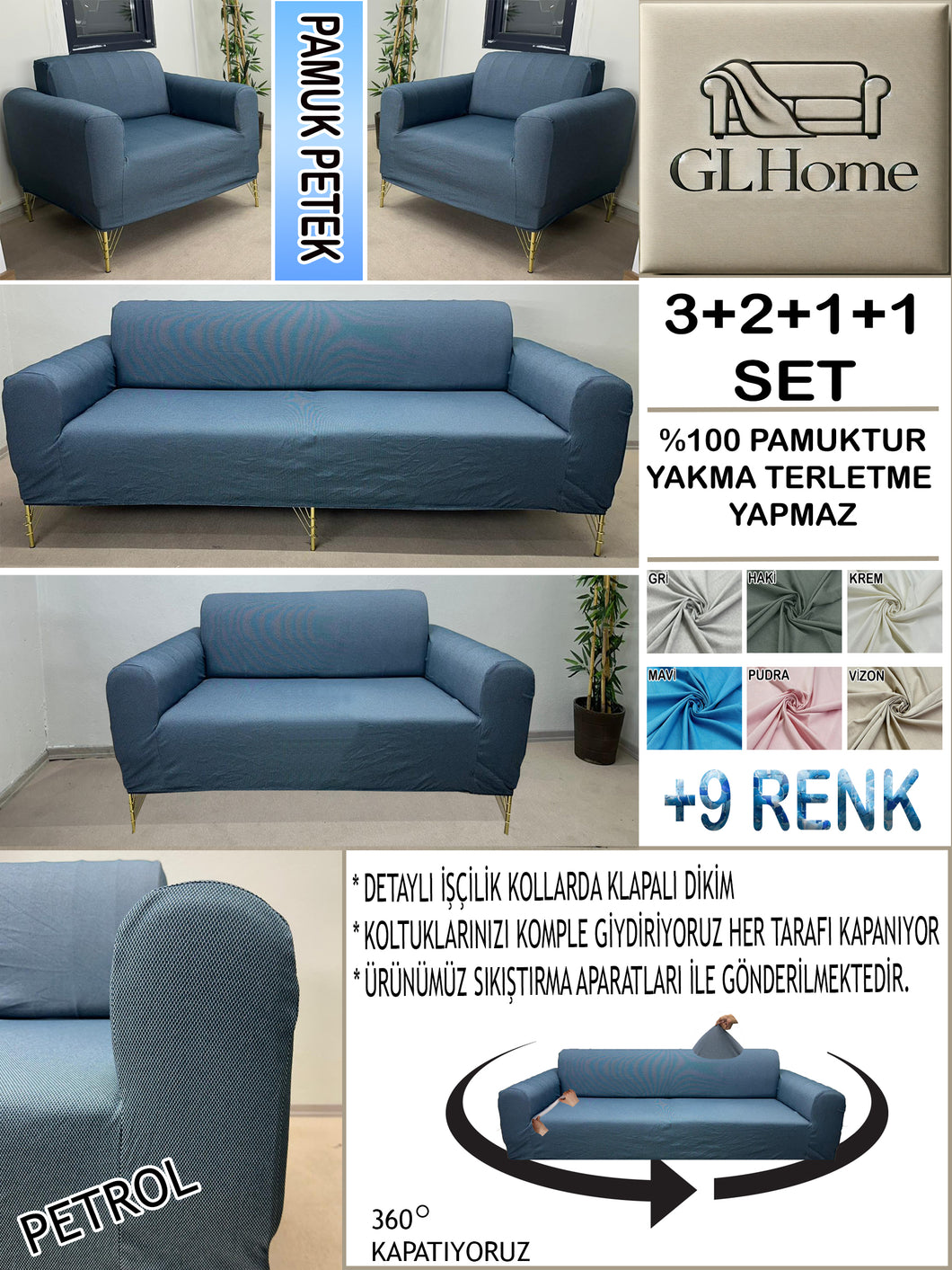 %100 Pamuk Petek Kumaş Petrol 3+2+1+1 Set Komple Giydirme Kanepe&Çekyat, Bohem, vb Model Koltuk Kılıfları