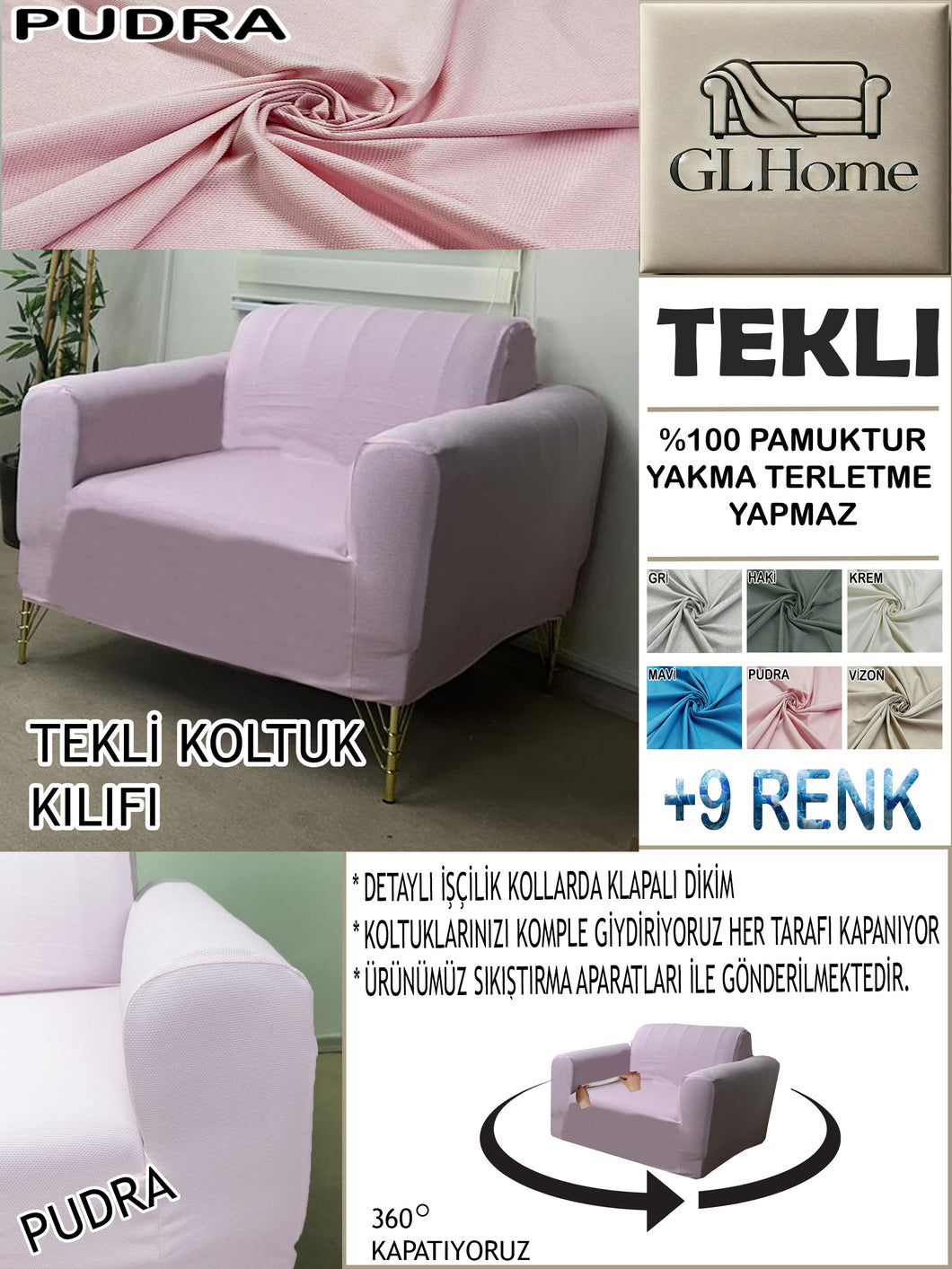 %100 Pamuk Petek Kumaş Pudra Tekli  Komple Giydirme Tekli & Berjer, Bohem, Porto vb Model Koltuk Kılıfları