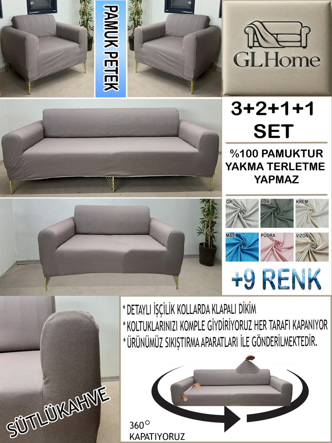 %100 Pamuk Petek Kumaş Sütlü Kahve 3+2+1+1 Set Komple Giydirme Kanepe&Çekyat, Bohem, vb Model Koltuk Kılıfları