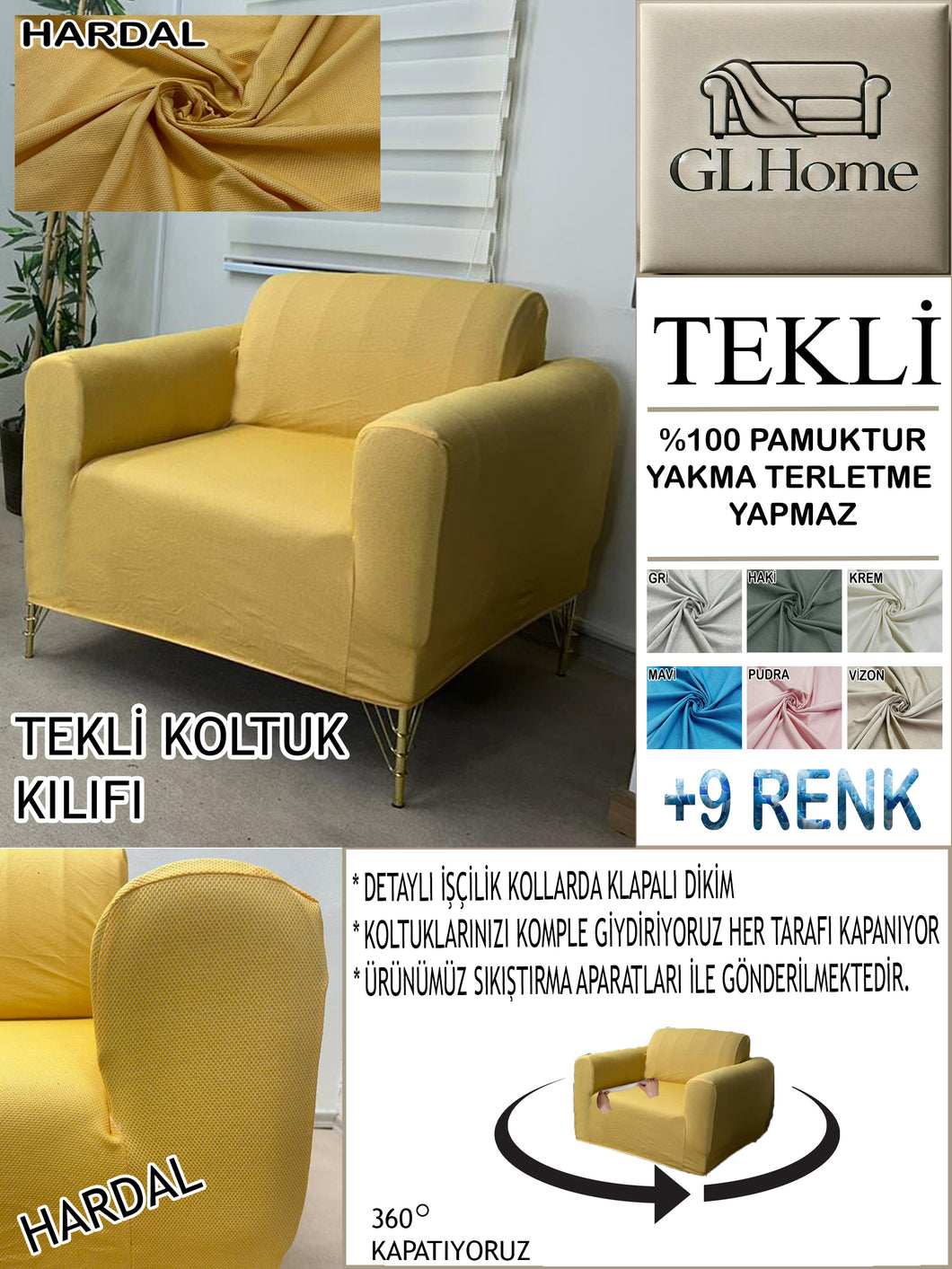 %100 Pamuk Petek Kumaş Hardal Tekli  Komple Giydirme Tekli & Berjer, Bohem, Porto vb Model Koltuk Kılıfları