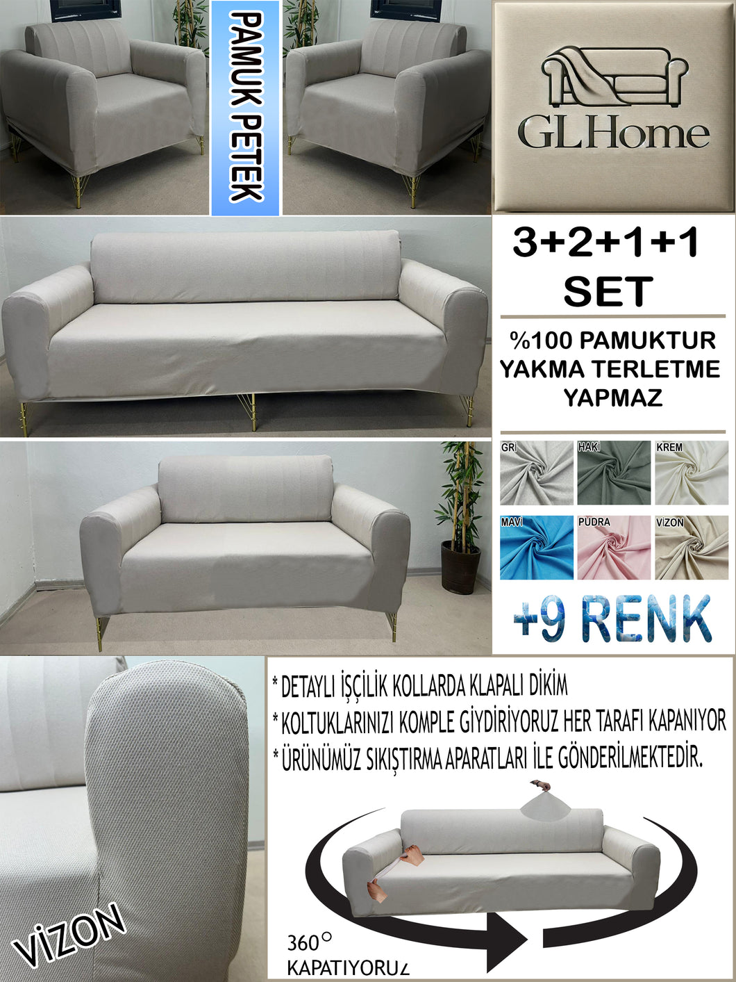 %100 Pamuk Petek Kumaş Vizon 3+2+1+1 Set Komple Giydirme Kanepe&Çekyat, Bohem, vb Model Koltuk Kılıfları