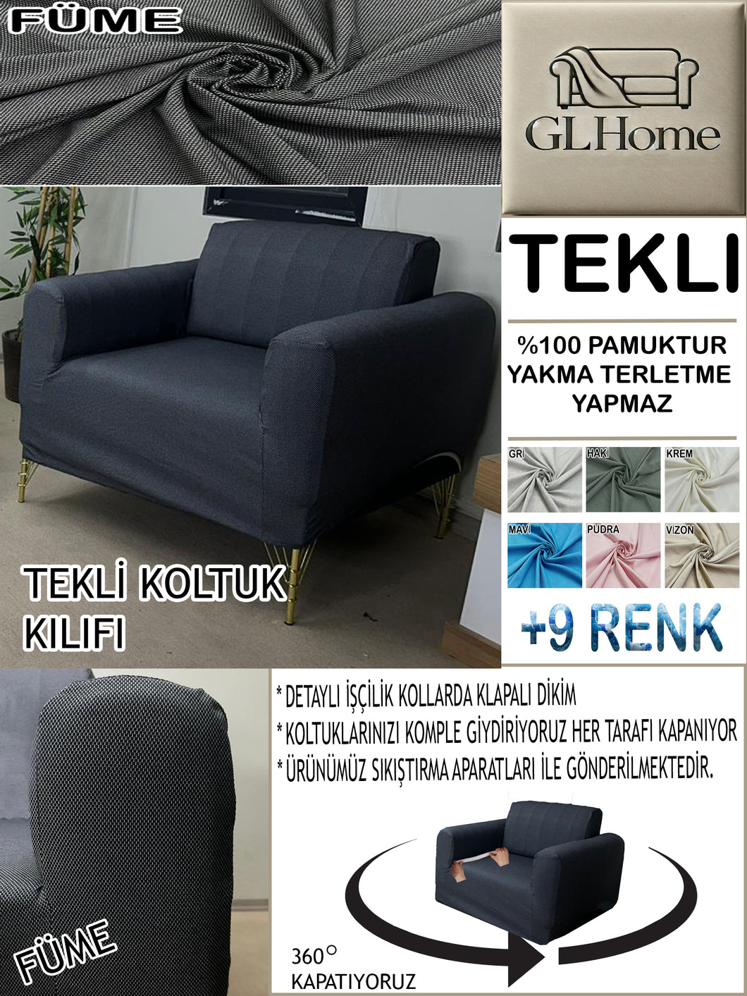 %100 Pamuk Petek Kumaş Füme Tekli  Komple Giydirme Tekli & Berjer, Bohem, Porto vb Model Koltuk Kılıfları