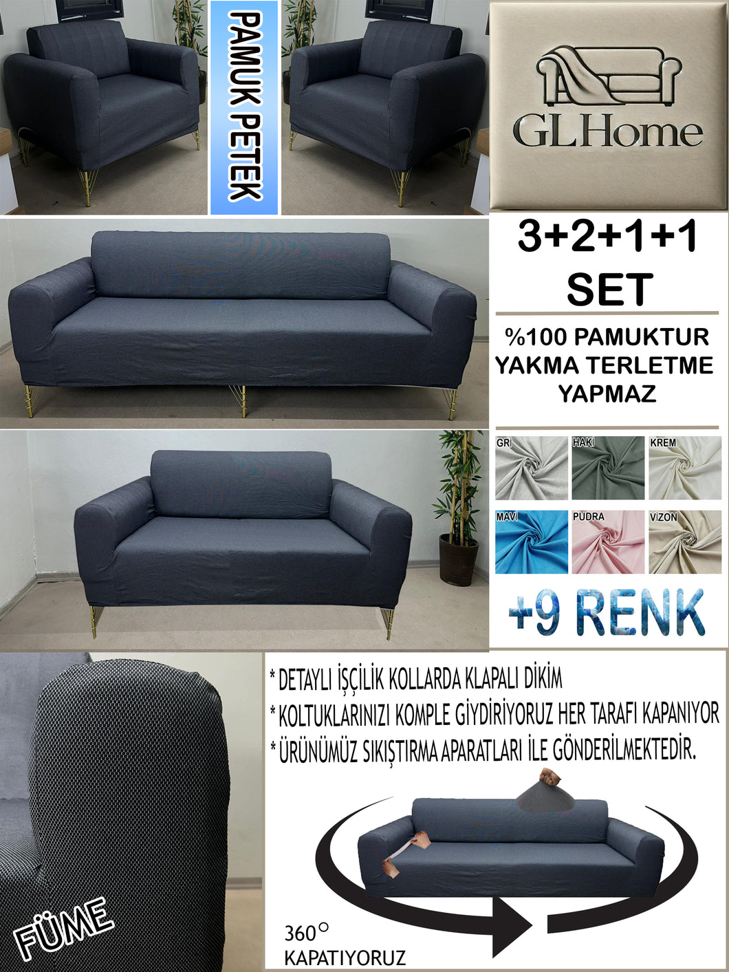 %100 Pamuk Petek Kumaş Füme 3+2+1+1 Set Komple Giydirme Kanepe&Çekyat, Bohem, vb Model Koltuk Kılıfları