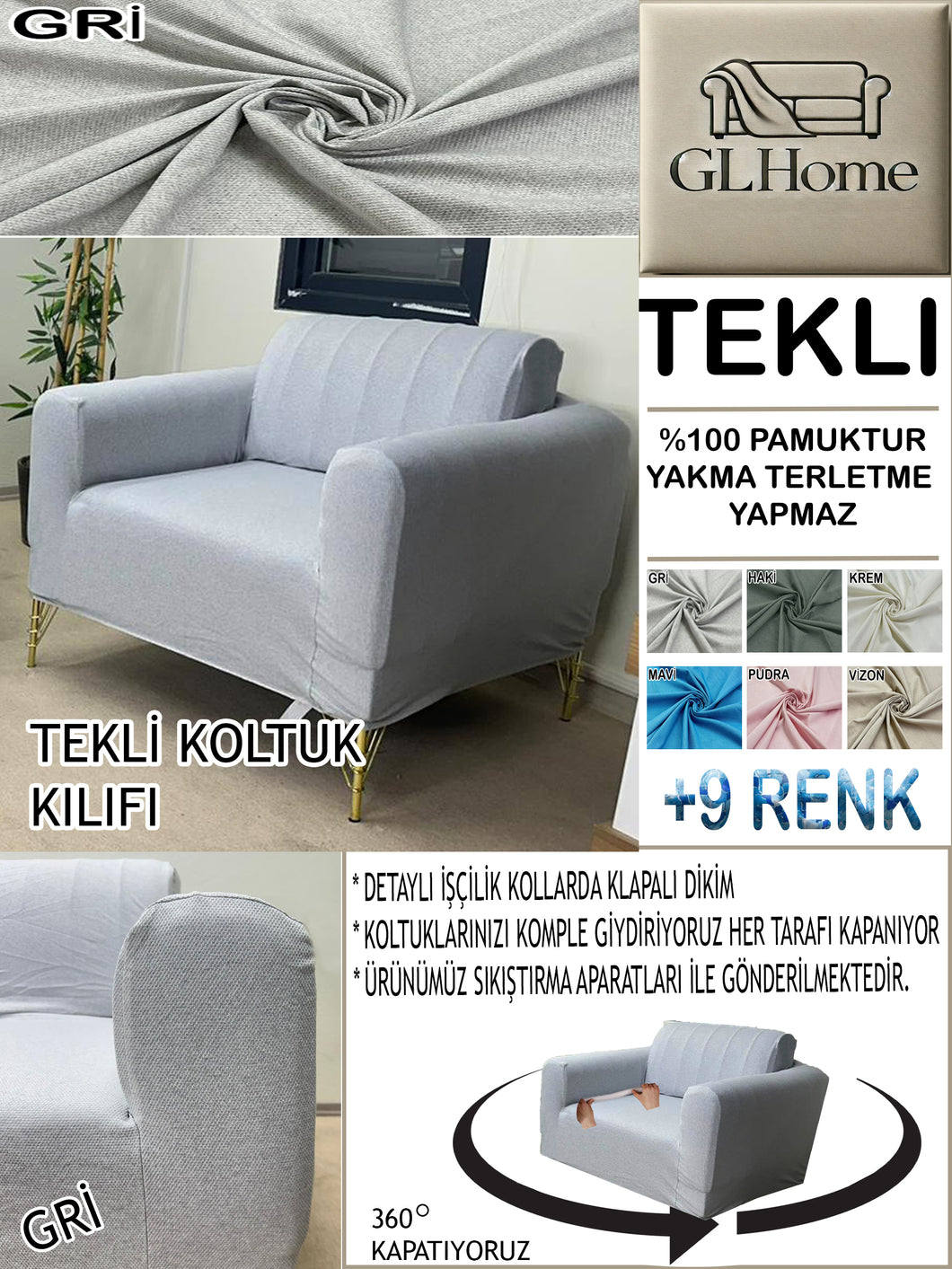 %100 Pamuk Petek Kumaş Gri Tekli  Komple Giydirme Tekli & Berjer, Bohem, Porto vb Model Koltuk Kılıfları