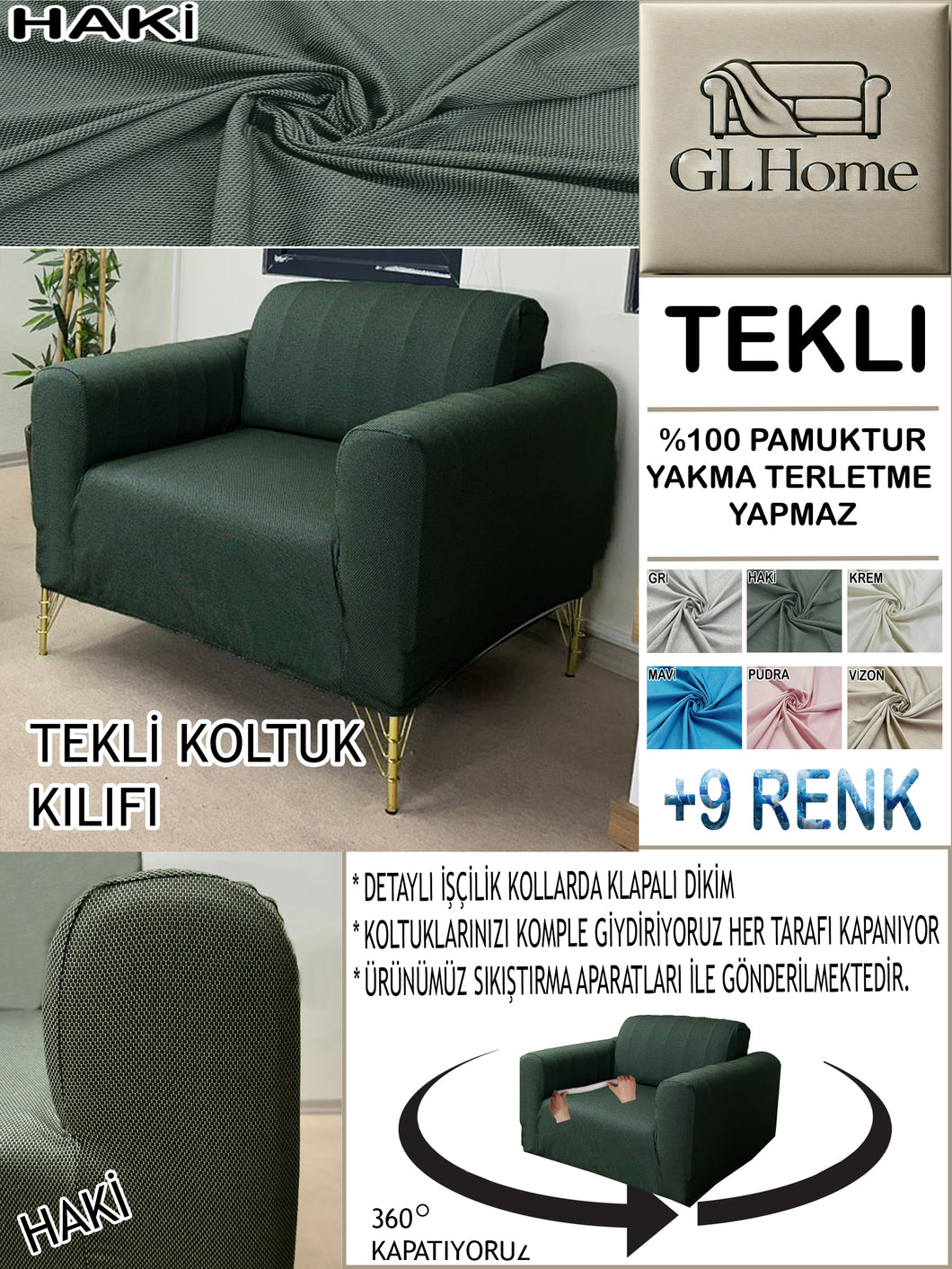 %100 Pamuk Petek Kumaş Haki Tekli  Komple Giydirme Tekli & Berjer, Bohem, Porto vb Model Koltuk Kılıfları