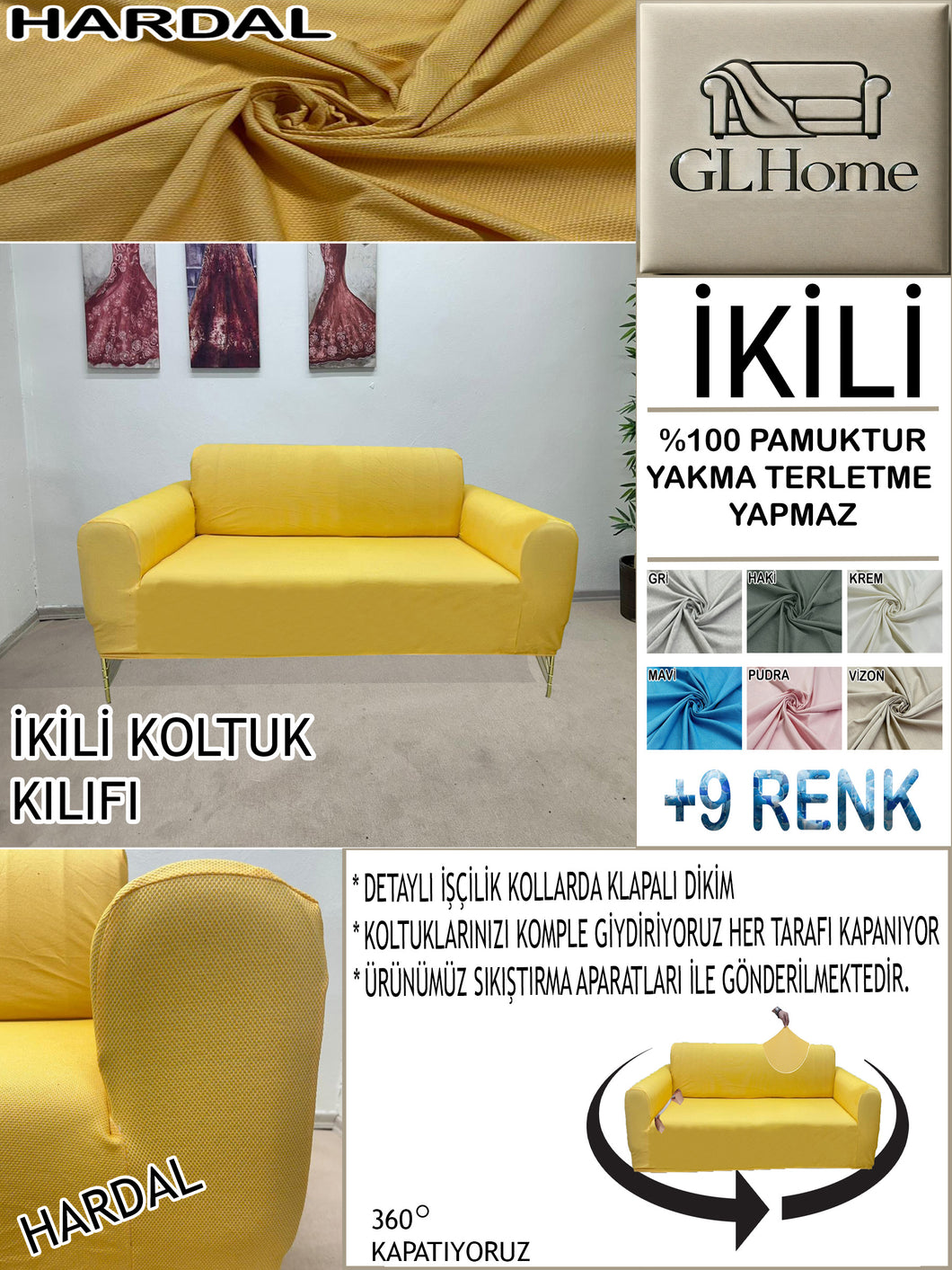 %100 Pamuk Petek Kumaş Hardal Çift Kişilik Komple Giydirme 2