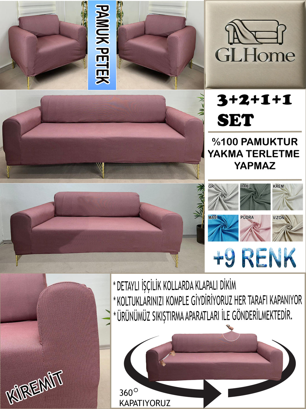 %100 Pamuk Petek Kumaş Kiremit 3+2+1+1 Set Komple Giydirme Kanepe&Çekyat, Bohem, vb Model Koltuk Kılıfları