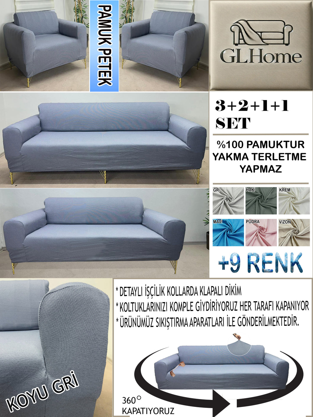 %100 Pamuk Petek Kumaş Koyu Gri 3+2+1+1 Set Komple Giydirme Kanepe&Çekyat, Bohem, vb Model Koltuk Kılıfları
